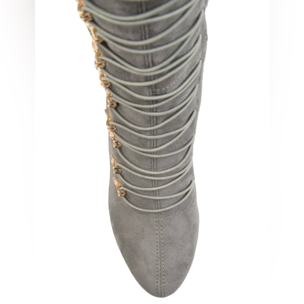 Thrill Journee Collection NWT Sz 7 Gray Faux Leather Over the Knee Lace-Up Boots - Picture 7 of 14